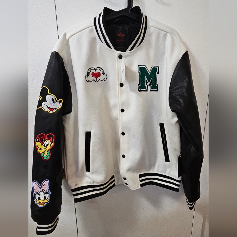 Disney White and Black Varsity Bomber Jacket with Cartoon Patches